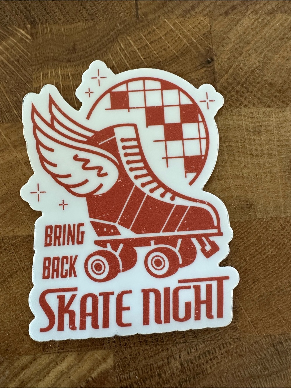 “Bring back skate night” Retro Vinyl Sticker. Winged roller skate. Disco ball.